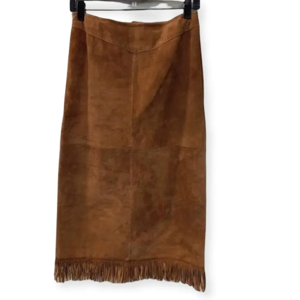 VINTAGE Brown Suede/Leather Long‎ Fringe Pencil Skirt